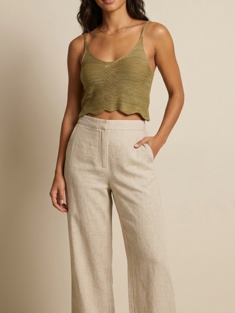 PICO VELA Linen Bamboo Knit Cropped Tank Top Pea Green Small
